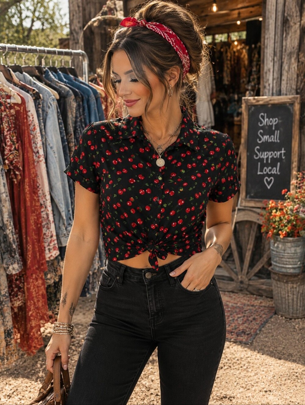 #3 Black Cherry Print Tie-Front Crop Top - Women's Short Sleeve Shirt